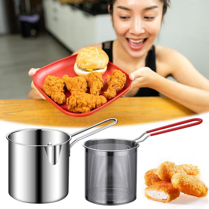Stainless steel deep fryer - with frying basket and handle - durable, food-grade outdoor mini deep fryer - with perforated strainer - suitable for seafood, chicken, etc.