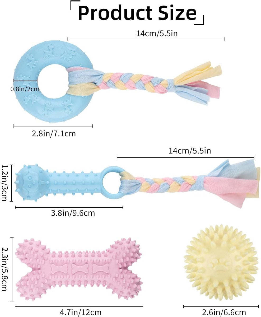 4 PCS Puppy Chew Toys - Relieves teething - Soft rubber & rope toys - Durable and interactive - Suitable for small dog breeds