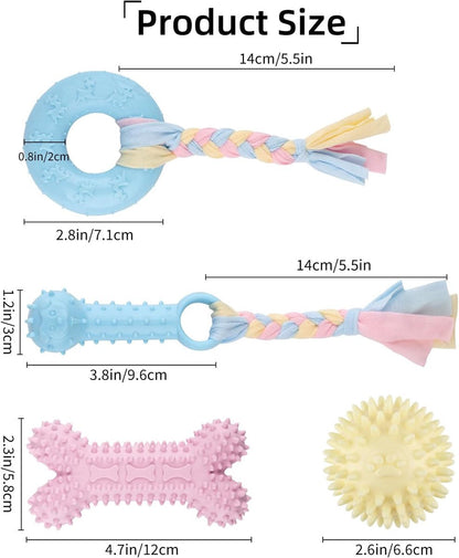 4 PCS Puppy Chew Toys - Relieves teething - Soft rubber & rope toys - Durable and interactive - Suitable for small dog breeds