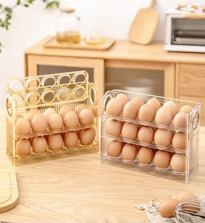 Egg carton - Suitable for 30 eggs - Egg storage box specifically for the refrigerator - Three-layer transparent acrylic egg storage box - Large capacity egg storage box for the countertop - Egg dispenser - Egg rack - 26*10*20 cm - Transparent