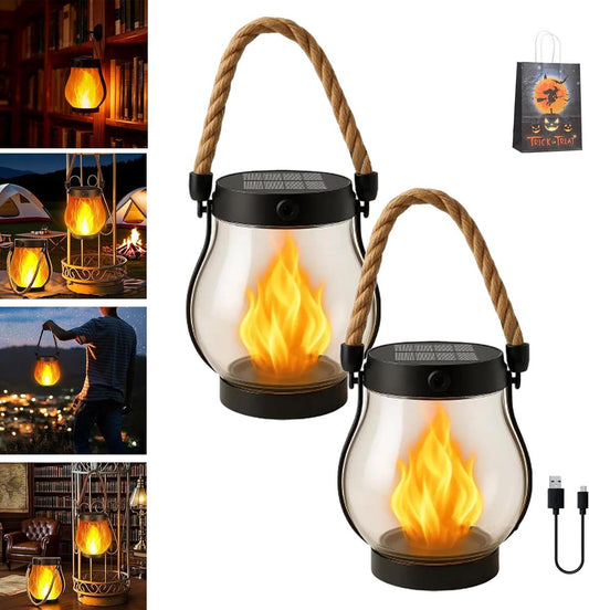 Outdoor solar lights - Solar garden lighting - Solar lantern - Dancing flame solar lanterns outdoor waterproof lighting - Hemp rope flame lamp - For camping garden patio garden halloween decoration (2 pieces).