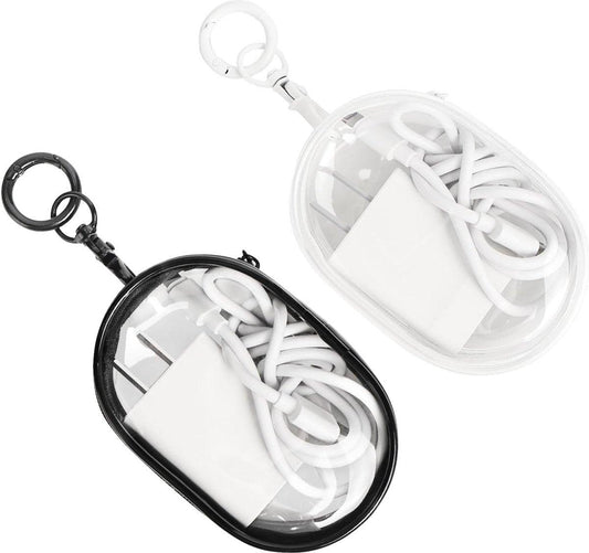 Cable organizer case - Waterproof, portable organizer - Mini transparent hard bag with zipper - Charging cable holder - Space-saving travel accessory (2 pieces black + white).