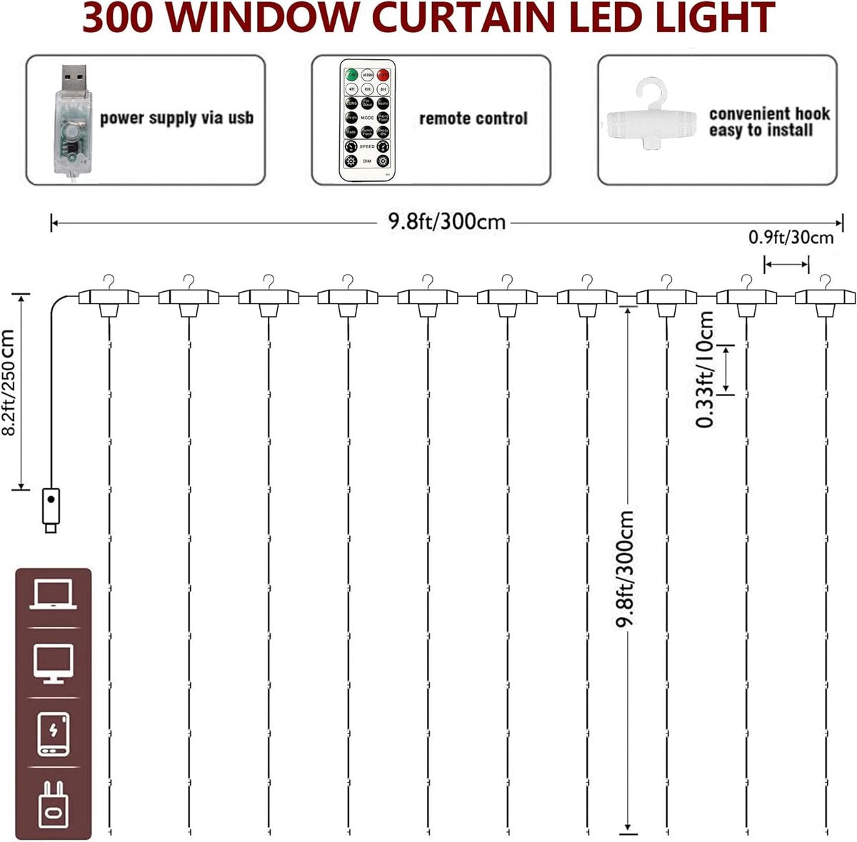 Curtain lights, Christmas lights - 300 LEDs, 8 light modes, copper string lights with remote control, USB powered and waterproof for Christmas, bedroom, party, wedding, home, garden, wall decorations, cool blue