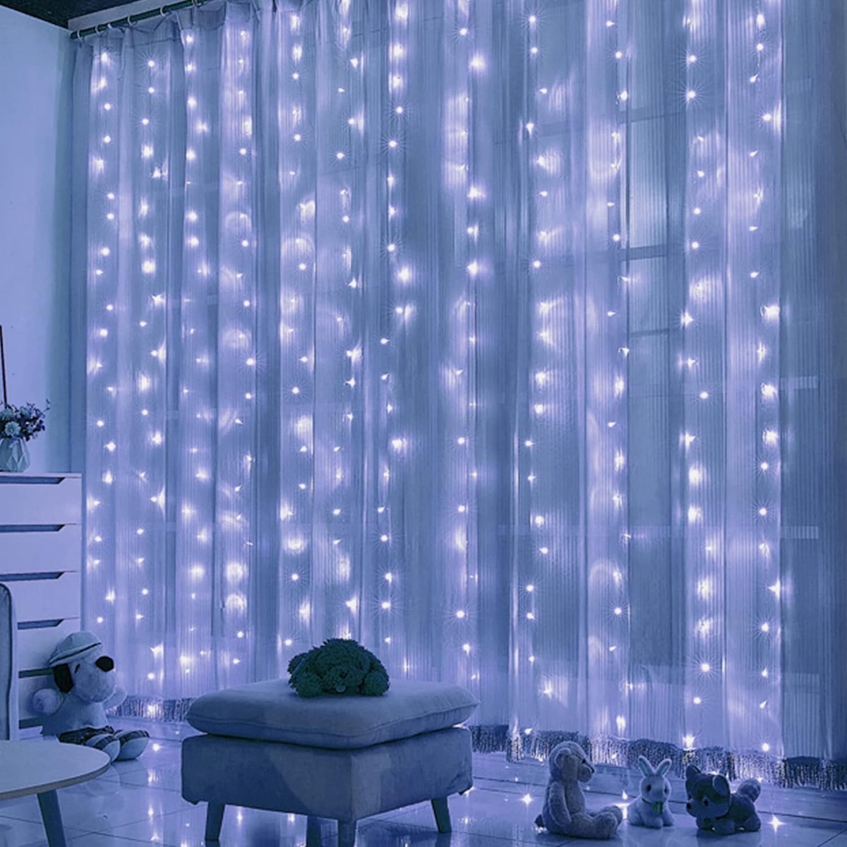 Curtain lights, Christmas lights - 300 LEDs, 8 light modes, copper string lights with remote control, USB powered and waterproof for Christmas, bedroom, party, wedding, home, garden, wall decorations, cool blue