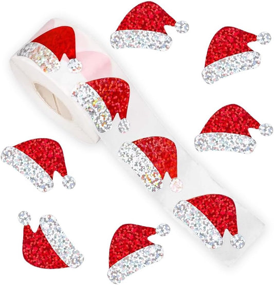 500 Christmas stickers on a roll - 3 cm red Santa hat - self-adhesive stickers for winter - for Christmas, envelopes, invitations, greeting cards, party supplies