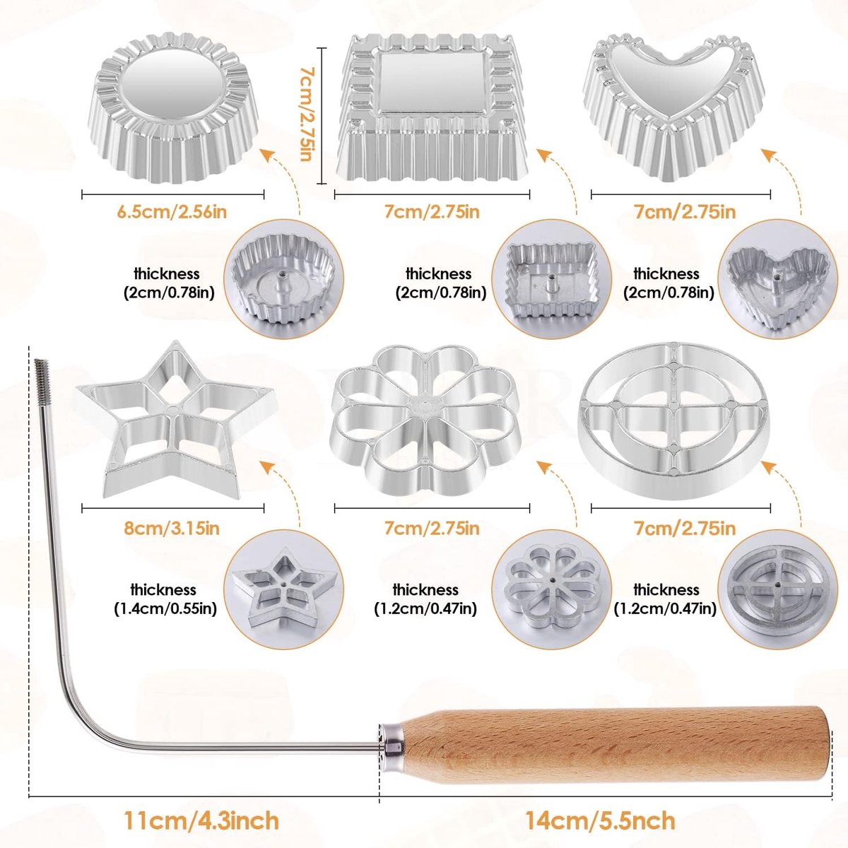 4-Piece Rosette Shaper Set - Cast Aluminum with Wooden Handle - For Coffee Cookies, Bunuelos & Funnel Cookies