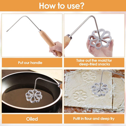 4-Piece Rosette Shaper Set - Cast Aluminum with Wooden Handle - For Coffee Cookies, Bunuelos & Funnel Cookies