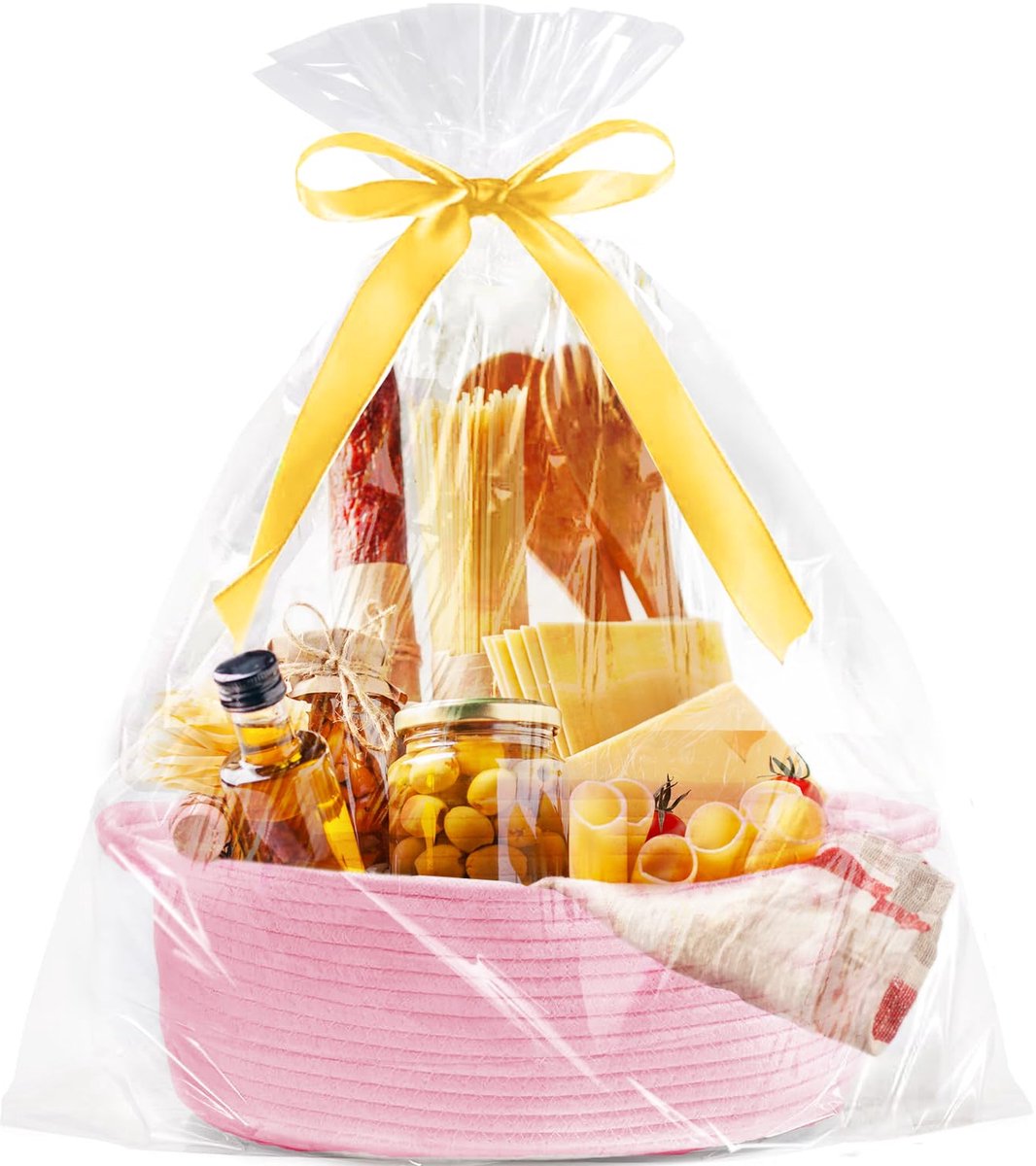Gift basket with gift bag and ribbons - Small woven rope storage shelf - Empty gift baskets - Decorative birthday party storage box for cat, dog, pet with handles (pink)