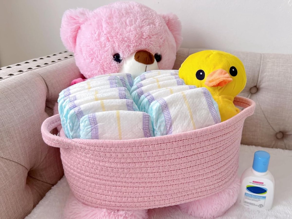 Gift basket with gift bag and ribbons - Small woven rope storage shelf - Empty gift baskets - Decorative birthday party storage box for cat, dog, pet with handles (pink)