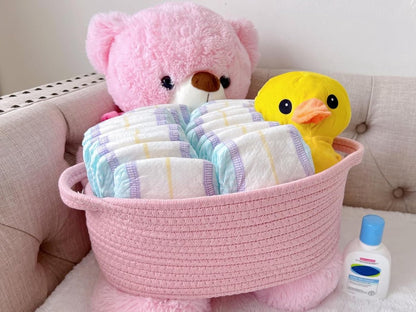 Gift basket with gift bag and ribbons - Small woven rope storage shelf - Empty gift baskets - Decorative birthday party storage box for cat, dog, pet with handles (pink)