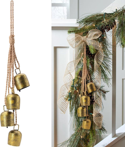 Christmas bells for decoration - Vintage cowbells of gold-colored metal with jute hanging cord - Decorative cowbell for weddings, parties, and Christmas wreaths