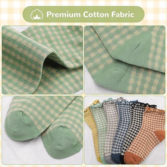 Frilly Socks - cute checked ankle socks for women - cotton knitted casual crew socks