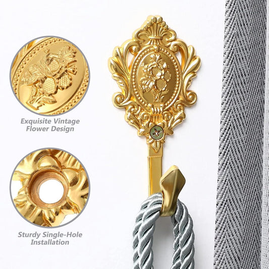2-pack vintage curtain holders, bow hooks and rose pattern (gold-colored)