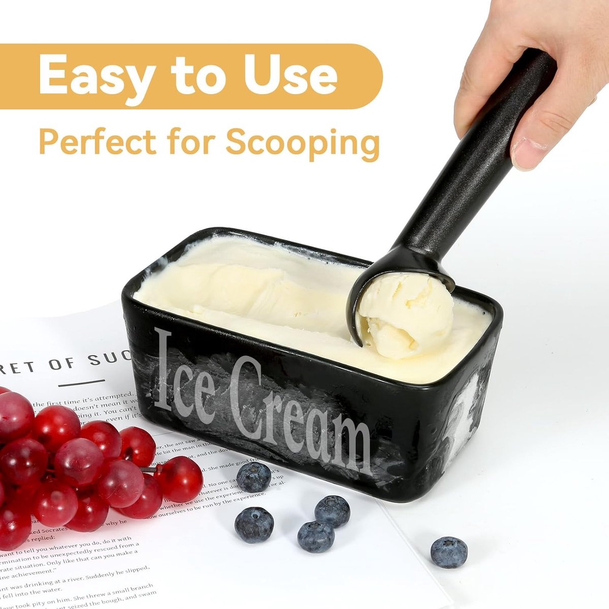 Ice Cream Scoop-Ice Cream Spoon - 17.8 cm - Kitchen Utensils-Frost-Resistant - Aluminum - Sturdy and durable - Easy to clean - Suitable for Italian ice cream, cookie dough, sorbet, almond ice cream (Black)
