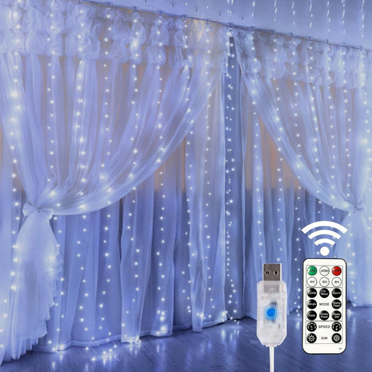 Curtain lights, Christmas lights - 300 LEDs, 8 light modes, copper string lights with remote control, USB powered and waterproof for Christmas, bedroom, party, wedding, home, garden, wall decorations, cool white