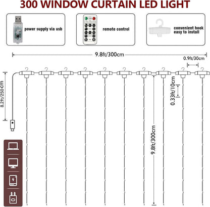 Curtain lights, Christmas lights - 300 LEDs, 8 light modes, copper string lights with remote control, USB powered and waterproof for Christmas, bedroom, party, wedding, home, garden, wall decorations, cool white