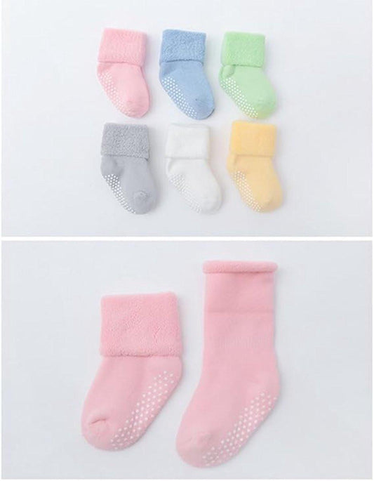 Baby-toddler-children ankle socks with grip, unisex warm thick cotton winter socks 0-10 years, 6-pack M 12-14cm.