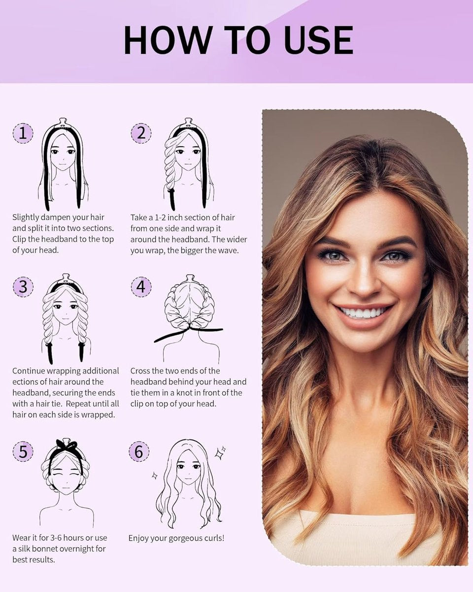 Heat-free hair curlers -Curling rollers- curling set- Blow-dry effect without heat overnight - Soft cap and sleepy bow design - Comfortable curls while you sleep for long hair-Purple