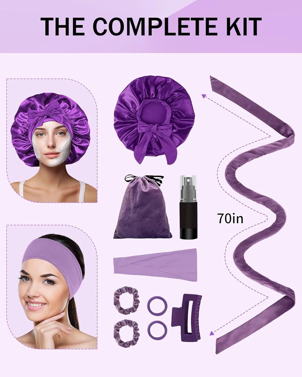 Heat-free hair curlers -Curling rollers- curling set- Blow-dry effect without heat overnight - Soft cap and sleepy bow design - Comfortable curls while you sleep for long hair-Purple