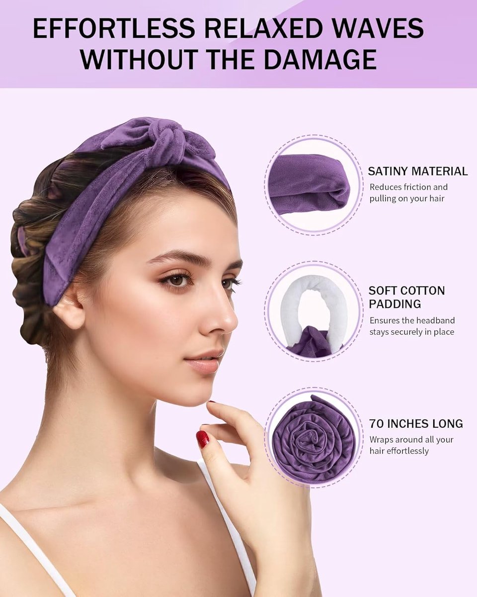 Heat-free hair curlers -Curling rollers- curling set- Blow-dry effect without heat overnight - Soft cap and sleepy bow design - Comfortable curls while you sleep for long hair-Purple