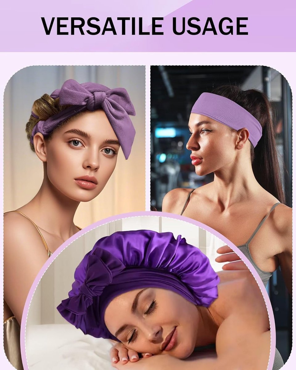 Heat-free hair curlers -Curling rollers- curling set- Blow-dry effect without heat overnight - Soft cap and sleepy bow design - Comfortable curls while you sleep for long hair-Purple