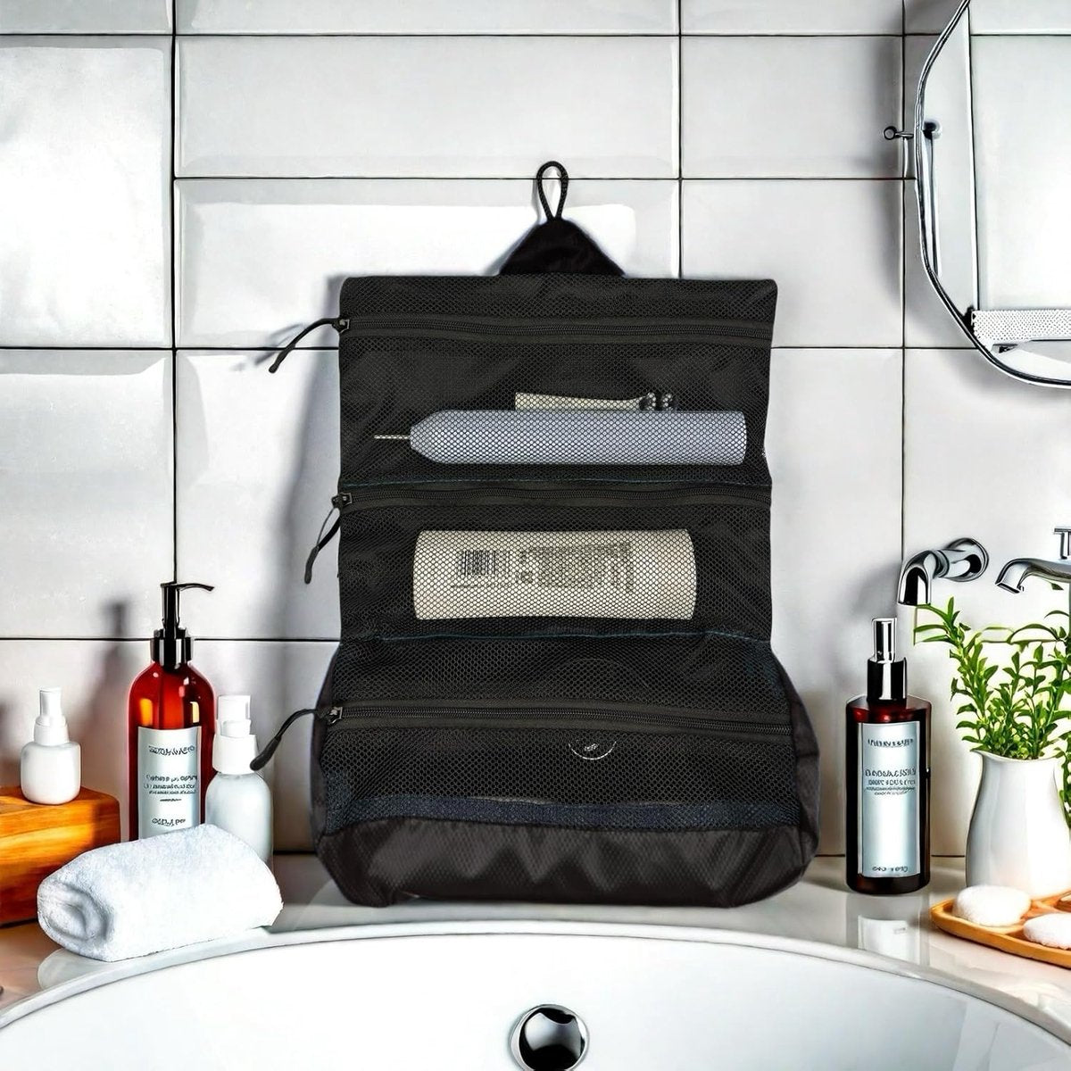 Men's travel toiletry bag - Hanging toiletry bag with waterproof shaver organizer - Makeup and travel essentials container with multiple compartments - Outdoor gift for men (black)