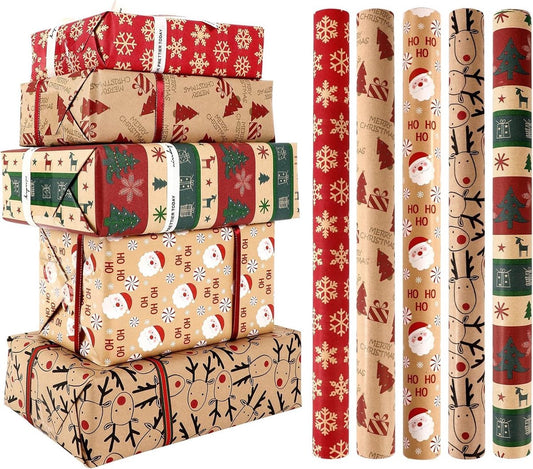 5 Roll Christmas Wrapping Paper - Christmas Wrapping Paper Rolls - Christmas Paper Wrapping Paper For Christmas - 17 inch x 50 Feet Mini Kraft Sheet Set - Christmas Gift Wrapping Paper Small, Merry Christmas Gifts Decoration