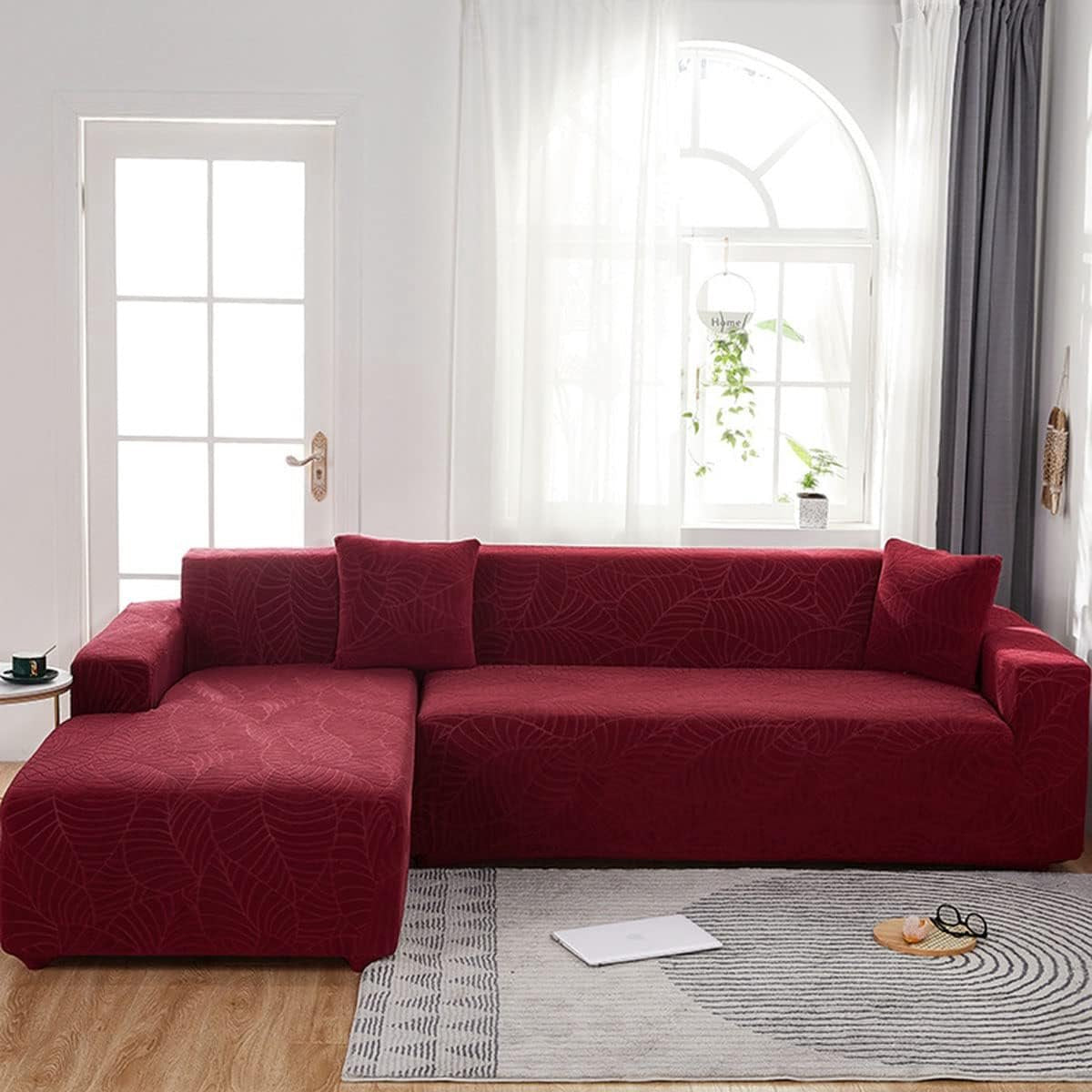 Waterproof sofa cover - Wine red jacquard leaf pattern - For 3-seater sofa (185-230 cm)