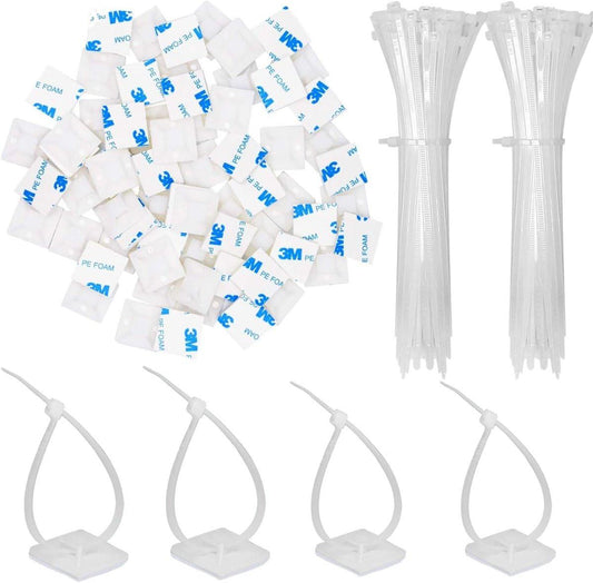100 pieces 25 mm Ã 25 mm self-adhesive cable tie base holders (white).