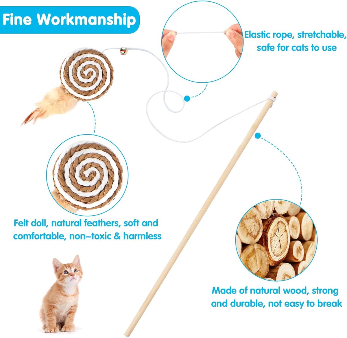 2 interactive cat tease sticks - cat stick toy set - cute paper balls and paper circles - attract your cat's attention