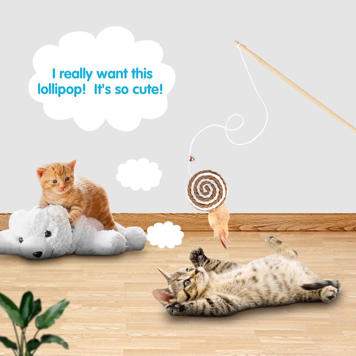2 interactive cat tease sticks - cat stick toy set - cute paper balls and paper circles - attract your cat's attention