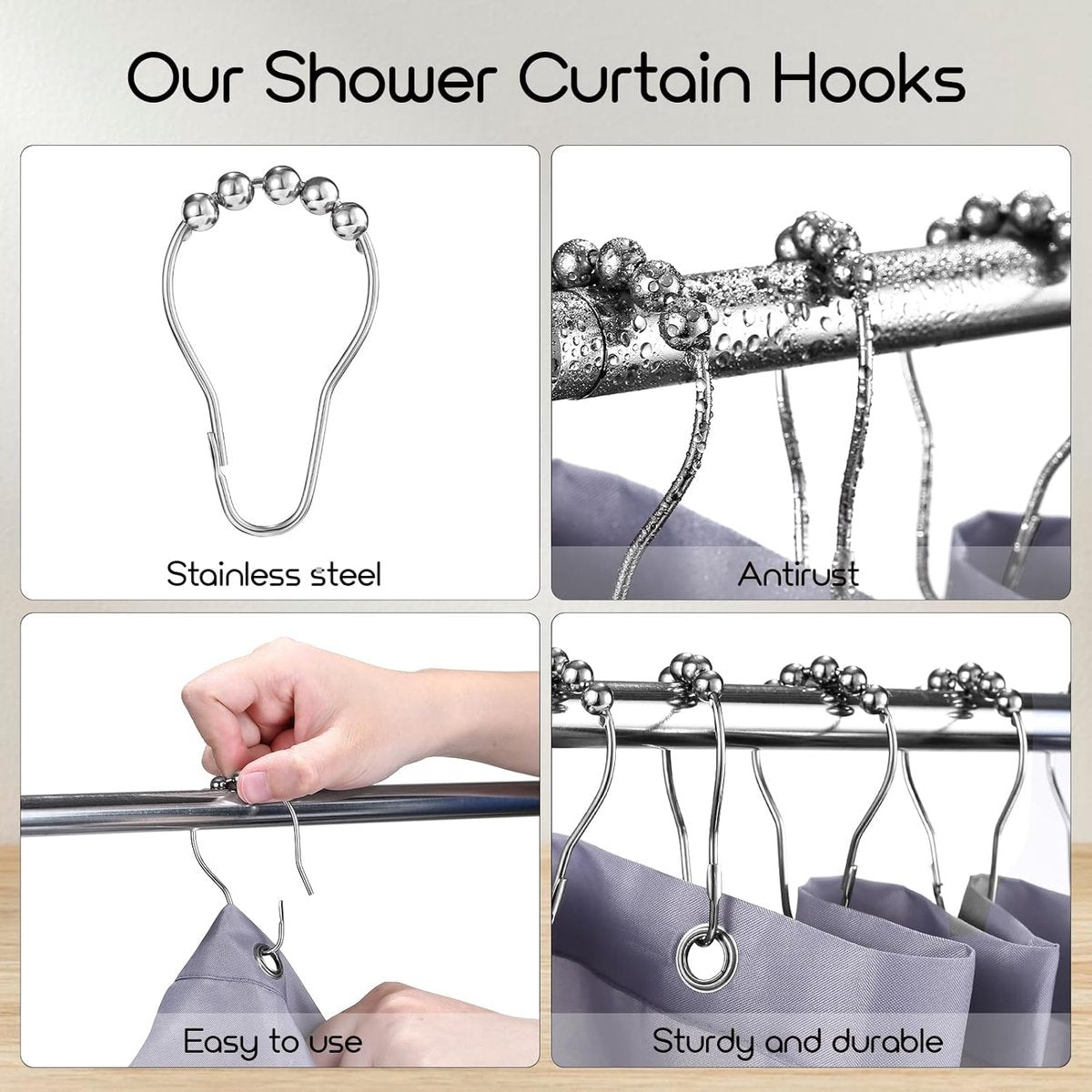 Shower curtain rings - 12 shower curtain rings - Stainless steel sliding hooks - 12 individual hooks - 69x39 mm