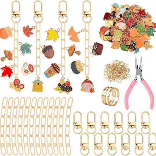 Autumn keychain making set - 60 autumn charms & 12 clips - plus accessories.