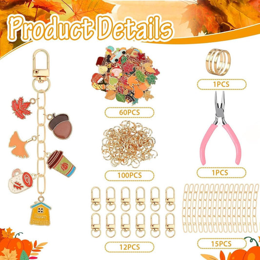 Autumn keychain making set - 60 autumn charms & 12 clips - plus accessories.