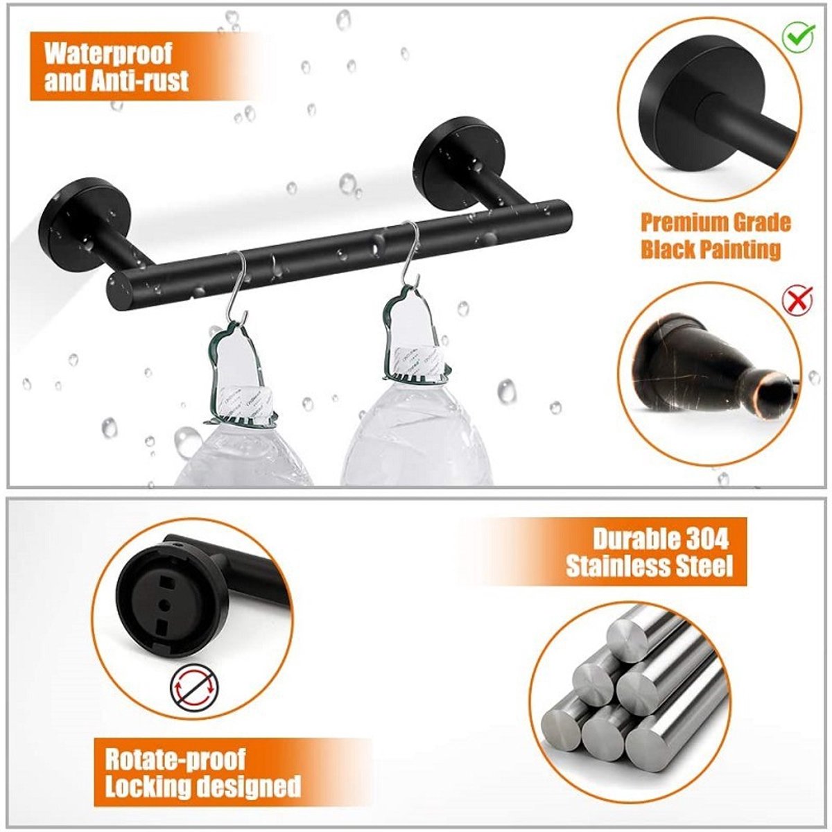 5-piece Towel Rail Set – 304 Stainless Steel, Black, Bathroom