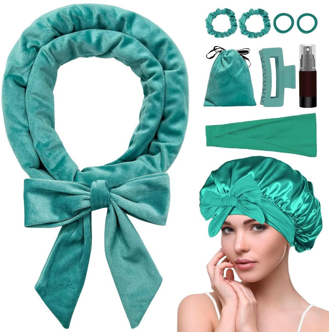 Heat-free hair curlers - Curling rollers - curling set - Blow-dry effect without heat overnight - Soft cap and sleepy bow design - Comfortable curls while you sleep for long hair - vegetable Hover Image