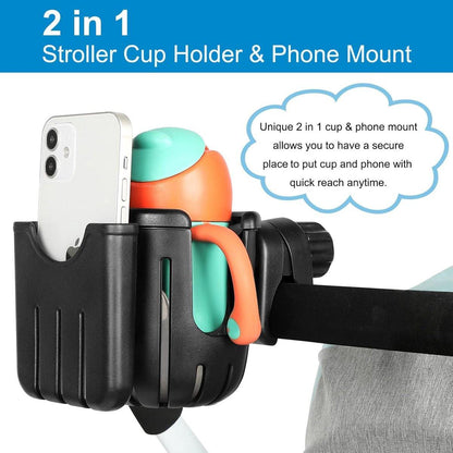 Stroller cup holder - Bicycle cup holder - Universal cup holder - 2-in-1 cup holder and phone holder - Suitable for strollers, bicycles, walkers, and wheelchairs.