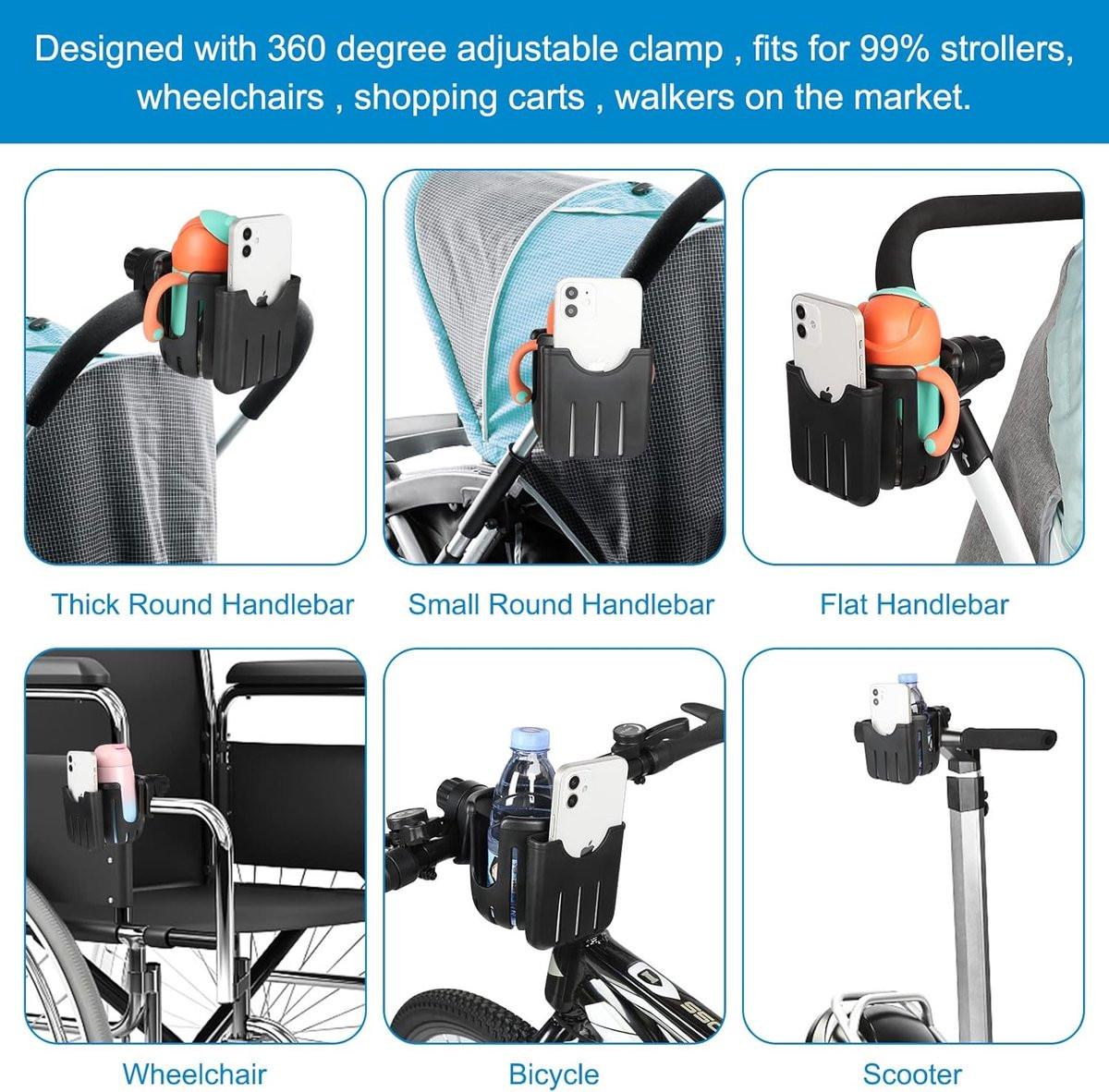 Stroller cup holder - Bicycle cup holder - Universal cup holder - 2-in-1 cup holder and phone holder - Suitable for strollers, bicycles, walkers, and wheelchairs.
