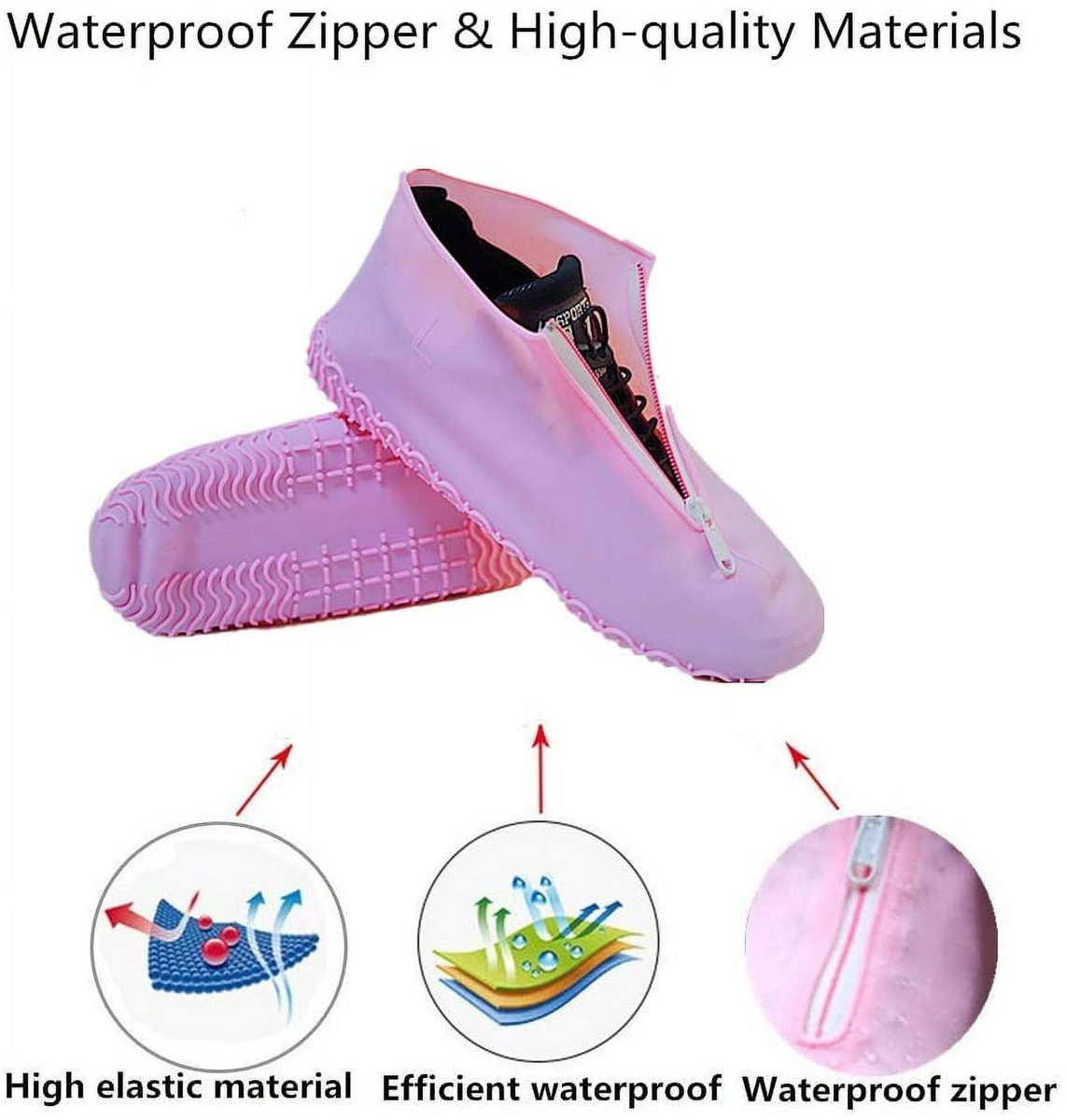Waterproof shoe covers - reusable, foldable, non-slip rain shoe covers - with zipper - unisex - pink, size L