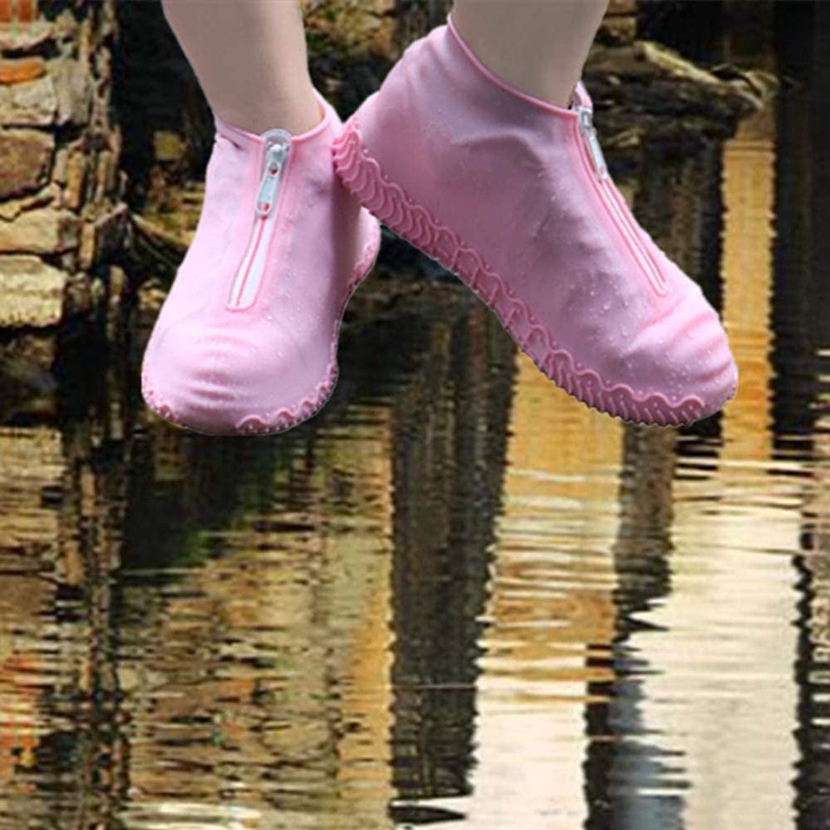 Waterproof shoe covers - reusable, foldable, non-slip rain shoe covers - with zipper - unisex - pink, size L