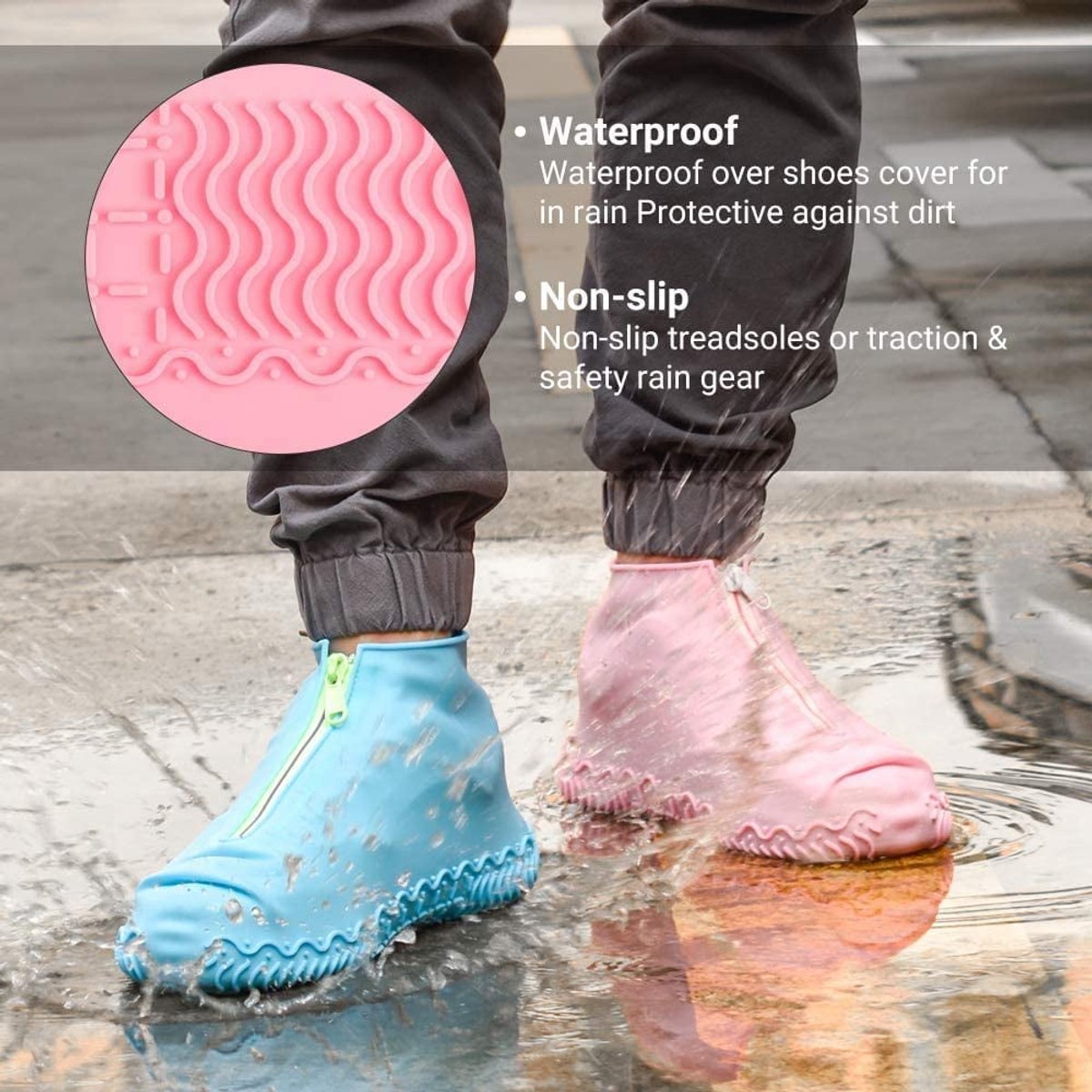Waterproof shoe covers - reusable, foldable, non-slip rain shoe covers - with zipper - unisex - pink, size L