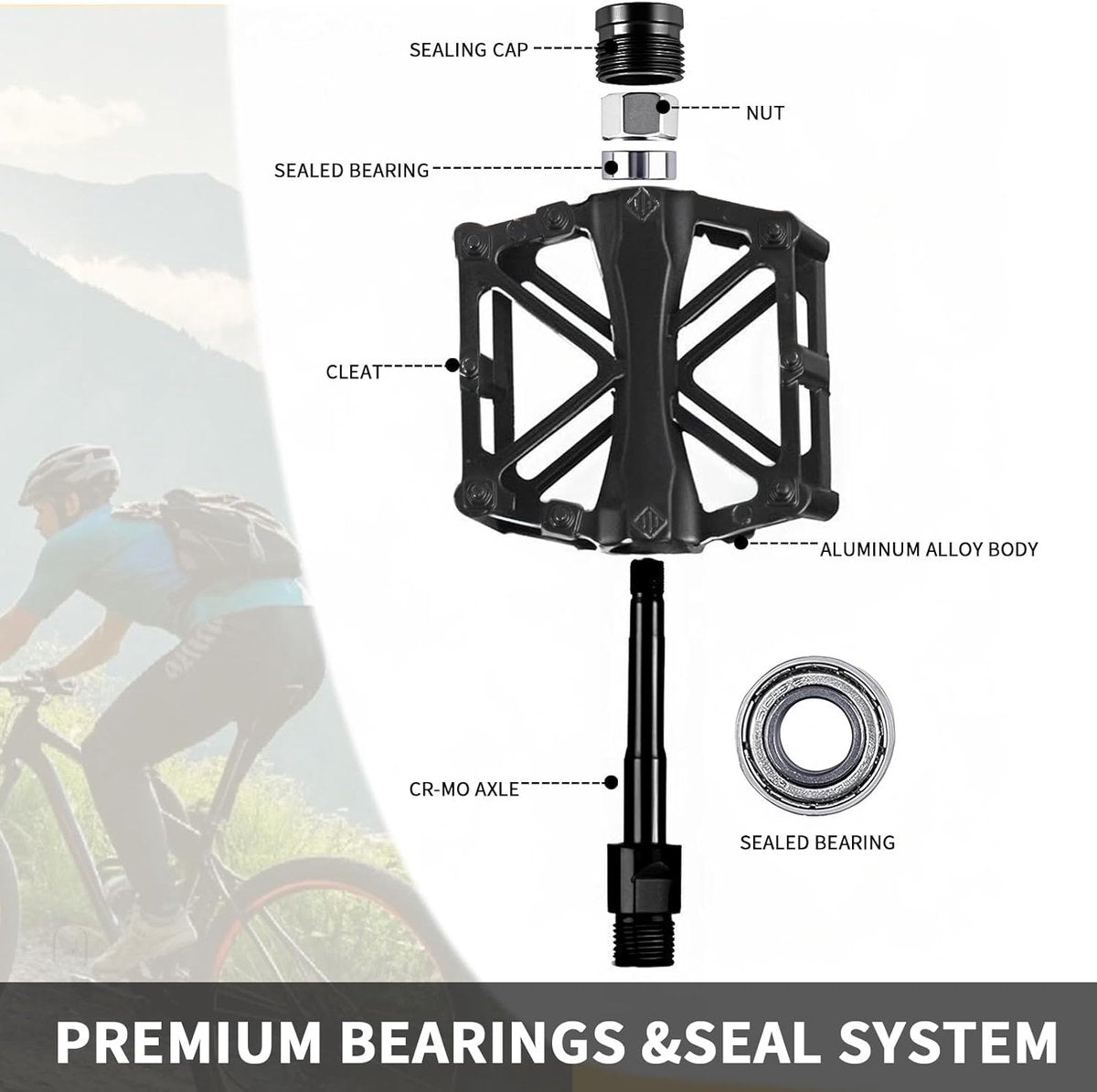 Foot pedals - 9/16 inch mountain bike foot pedals - with waterproof, sealed bearings - 2-pack