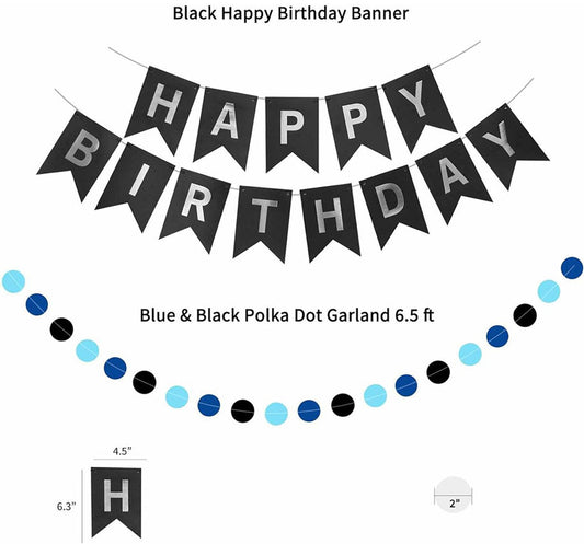 Blue-black birthday party decoration set - Banner & balloons