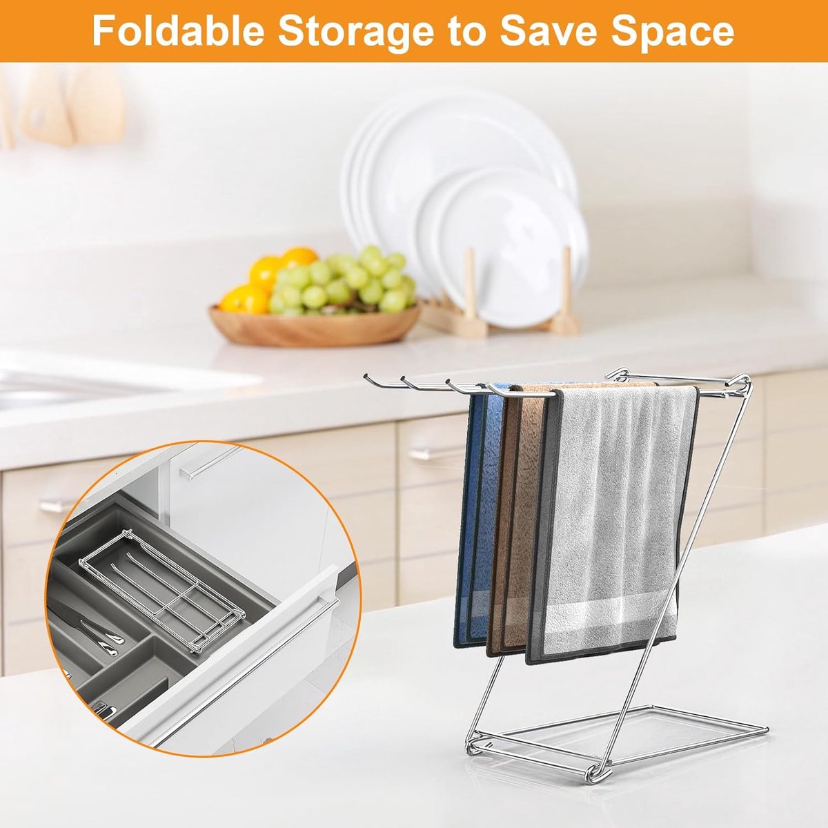 Kitchen Towel Holder, 4-Arm Kitchen Towel Rack for Drying Dishcloths Hand Towels, Foldable Free Standing Hand Towel Holder for Countertop Bathroom Kitchen Organization RV Essentials, 2 Pack
