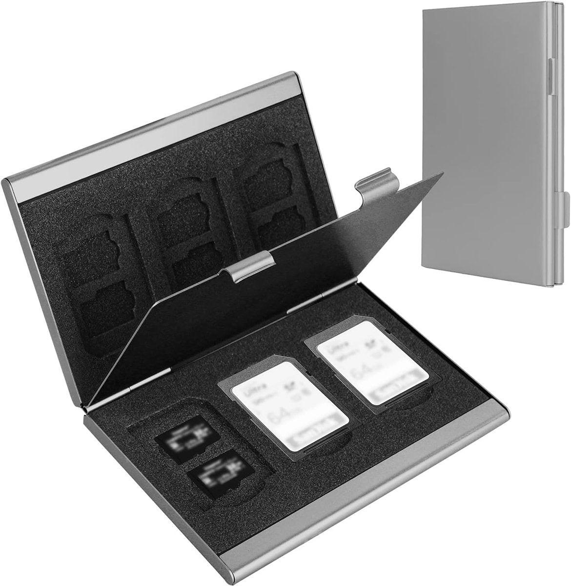 SD card holder - SD card holder - Memory card holder - Aluminum alloy hard shell - Dual layer capacity for 6 SD cards and 12 TF cards Silver color.