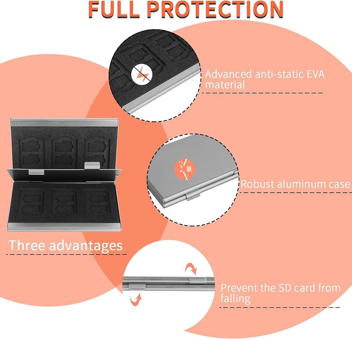 SD card holder - SD card holder - Memory card holder - Aluminum alloy hard shell - Dual layer capacity for 6 SD cards and 12 TF cards Silver color.