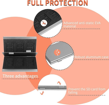 SD card holder - SD card holder - Memory card holder - Aluminum alloy hard shell - Dual layer capacity for 6 SD cards and 12 TF cards Silver color.