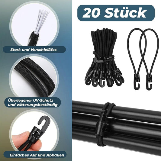 Elastic ropes with hooks - 20 pieces, 10 cm each - Multifunctional tarpaulin tensioner - Rubber tensioner - Suitable for tarpaulins, tents, camping.
