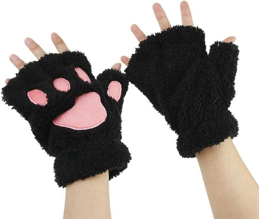 gloves-winter gloves-half-finger gloves - Extra thick men's gloves-women's gloves-warm gloves for women and girls - Cartoon panda paw.