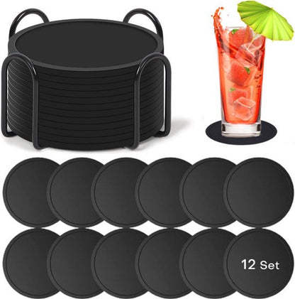 Silicone Coasters with Holder - Set of 12 - Coasters for Glasses - Coaster Set - Round Coaster Design - Coasters - Anti-Slip - Heat Resistant - Black - Gift